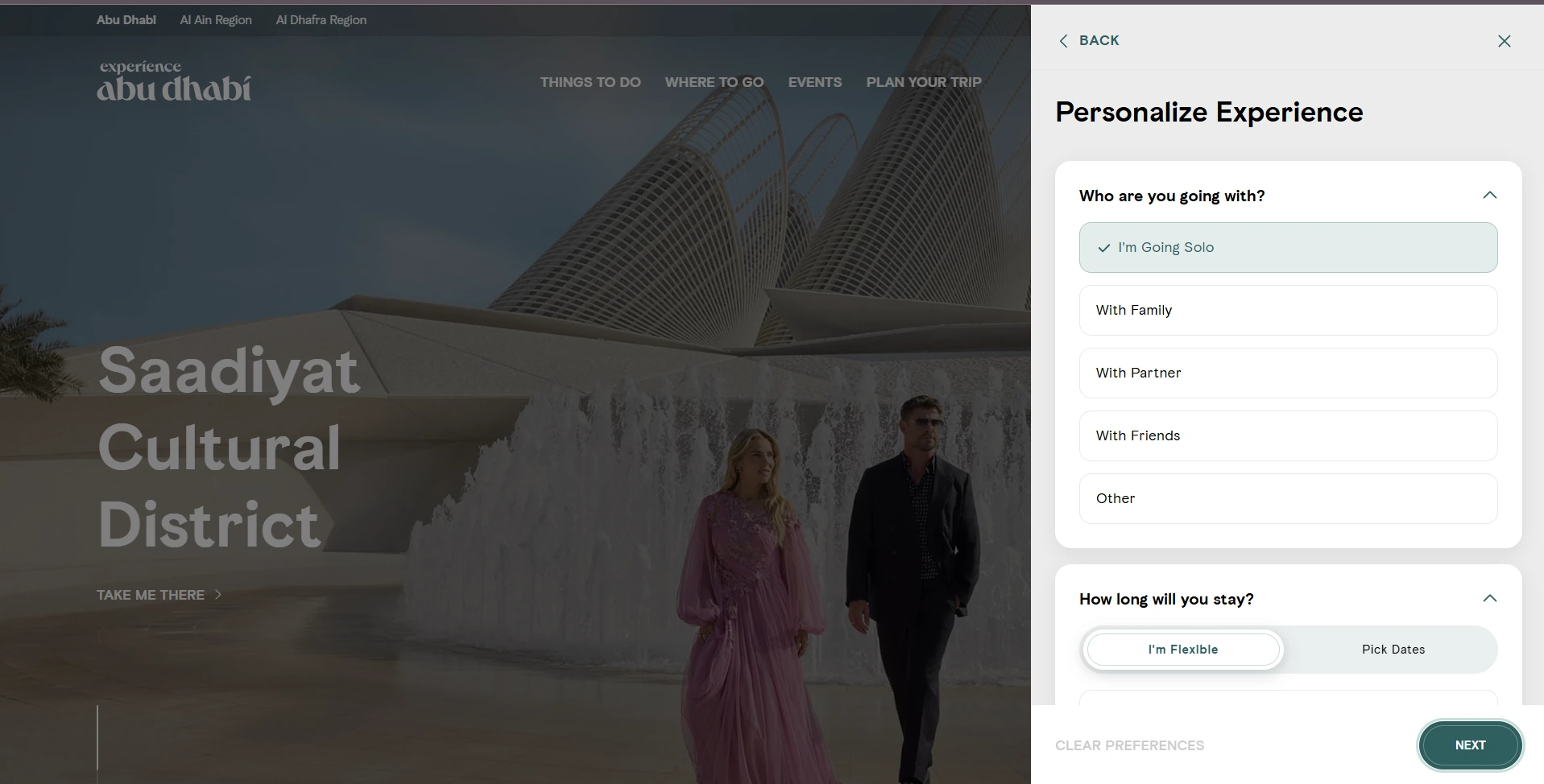 A short preference step tailors the recommendations to who you're travelling with and how long you're staying.
