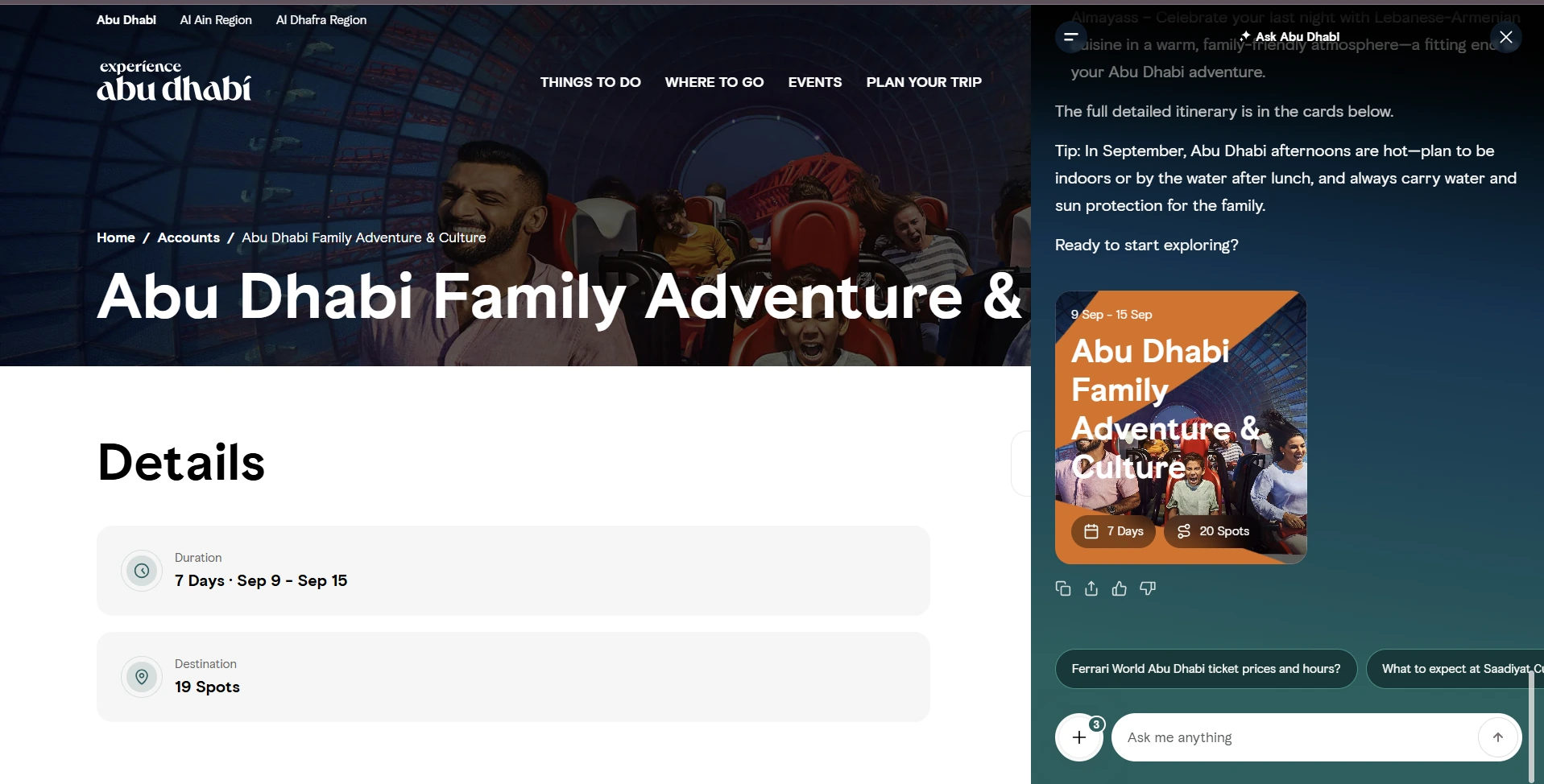Generated itineraries save straight to the visitor's account on the live Visit Abu Dhabi site.