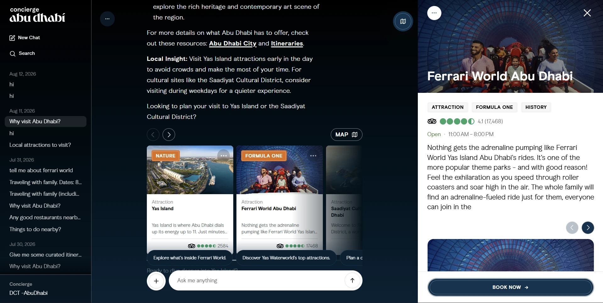 Every attraction opens to its ratings, hours and a way to book, without leaving the conversation.