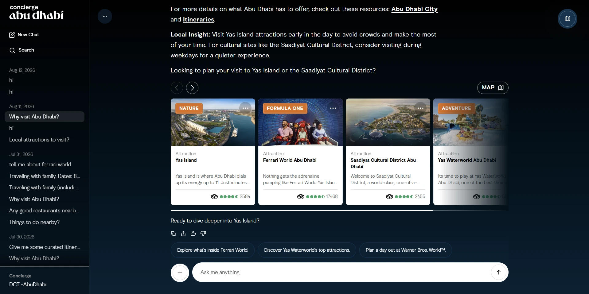 Answers come back as attraction cards with live ratings and a one-tap jump to the map.