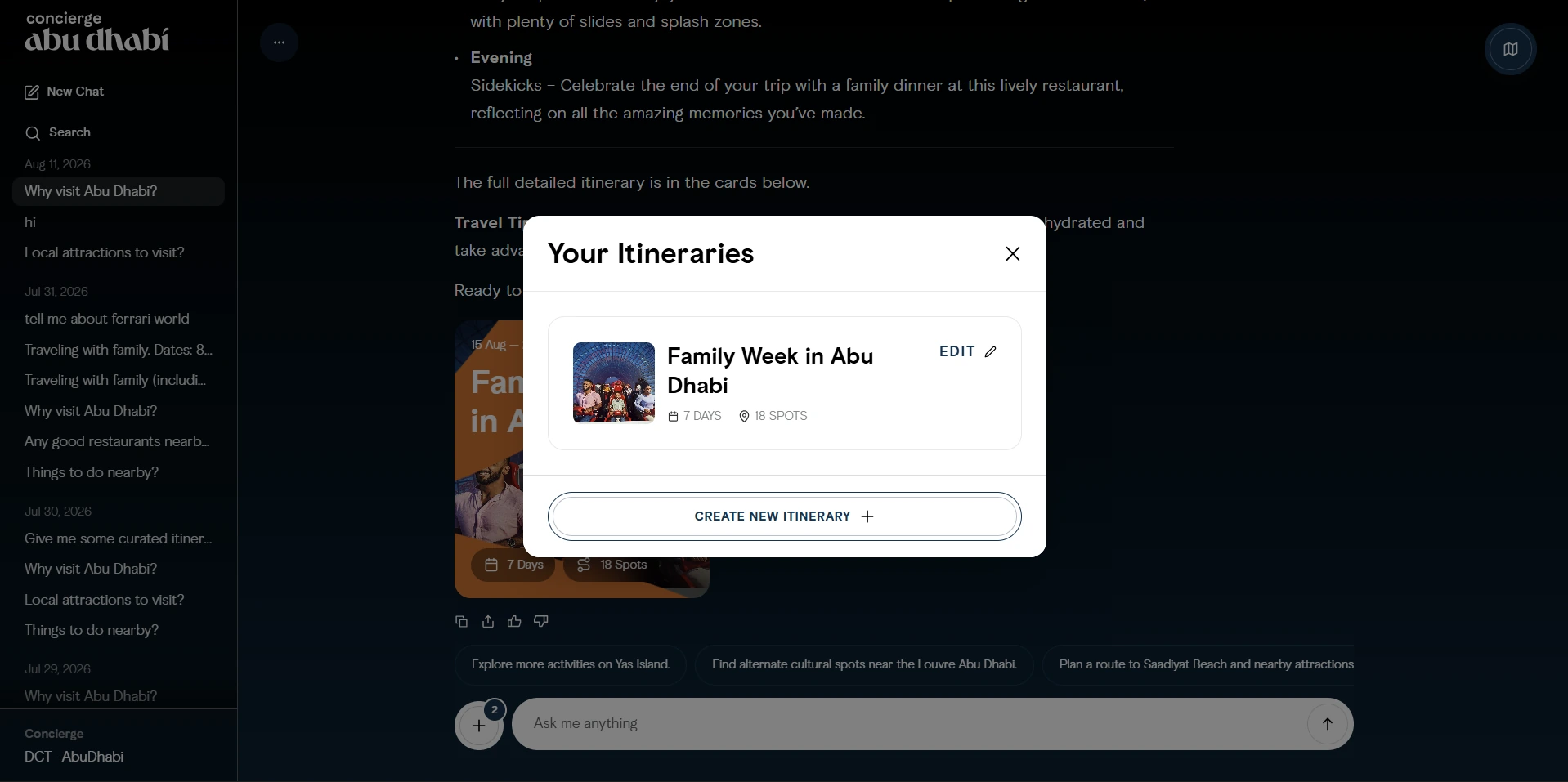 Saved itineraries you can reopen, edit, reorder and share by link or QR code.